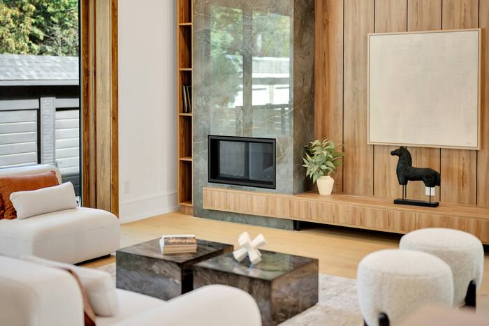 Minimalist living room with fireplace and wood paneling