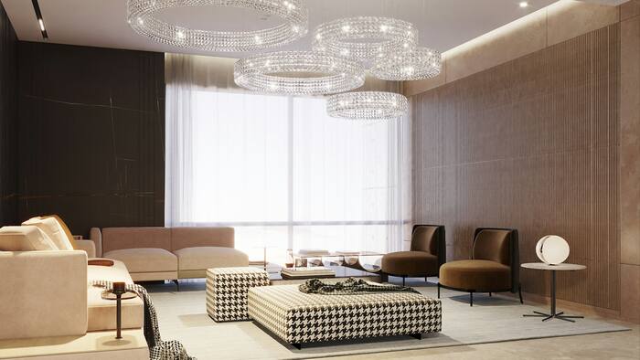 Modern living room with crystal chandelier and neutral sofa