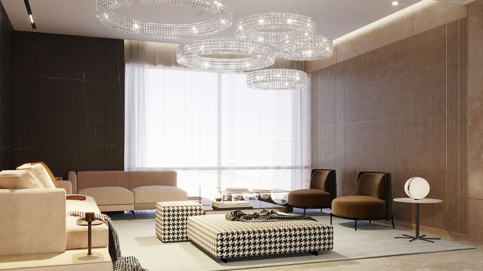 Modern living room with crystal chandelier and neutral sofa